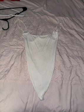 Tiger Mist White Ribbed Spaghetti Strap Bodysuit